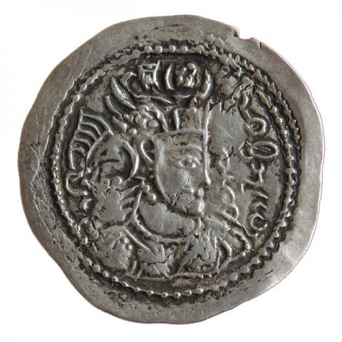 Crowned bust after Sasanian model of Wahram IV (388–399 CE); Bactrian inscription "King Tobazini"