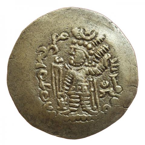 King according to Kidarite model sacrificing at an altar, right Alkhan tamga; Bactrian inscription "His Majesty, Mehama, the King"