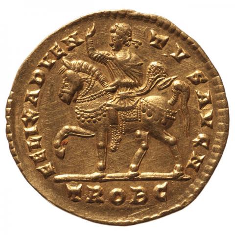 Emperor on horseback riding left, his right hand raised (returning from battle)