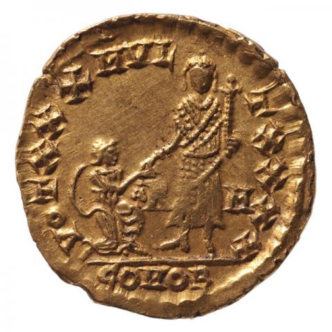 Emperor standing holding a cruciform scepter, on the left a kneeling figure