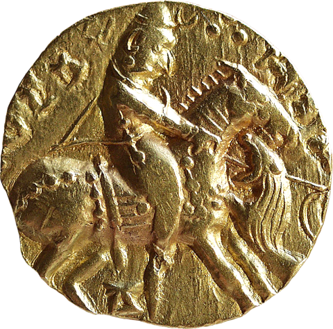 A. Gold dinar of Toramana (?) with the Brahmi inscription "Prakashaditya" (“sun of the light space”)