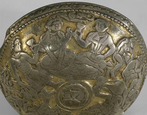 Silver bowl with a royal couple at a banquet. Probably produced in Bactria, 6th/7th century CE. Found before 1841 in the Ural foothills (Perm' Region). (© St. Petersburg, State Hermitage Museum, Inv.-no. S-75)