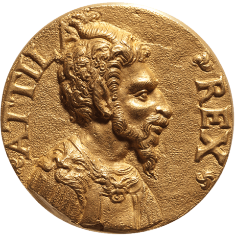 B. Obverse, Fictive portrait medals of Attila commemorating the sack of Aquileia in 452 CE.