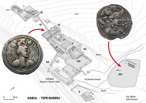 Plan des Klosters von Tepe Narenj mit den in den Zonen III und XIV gefundenen Nezak-Münzen, die an das Ende des 5. bzw. in die erste Hälfte des 6. Jhs. zu datieren sind (©: Zafar Paiman)
