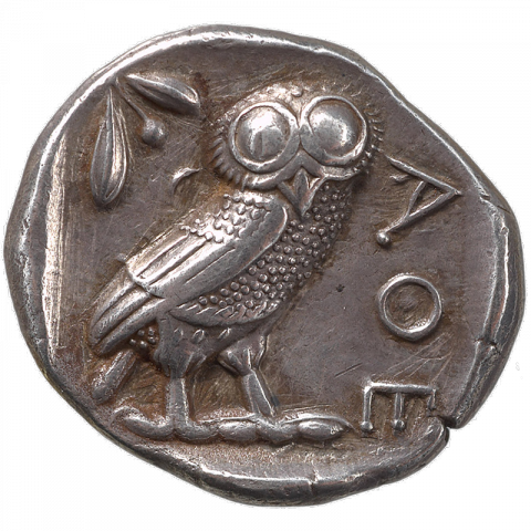 Owl, left: olive branch; Greek: AΘE