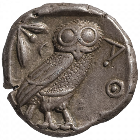 Owl, left: olive branch; Greek: AΘ[E]