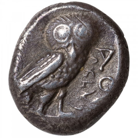 Owl standing right; Greek: AΘ[E]; Aramaic-Hebrew: `BD´L (Abdiel)