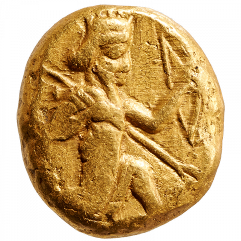 Persischer König im Knielauf nach rechts, mit Lanze und Bogen