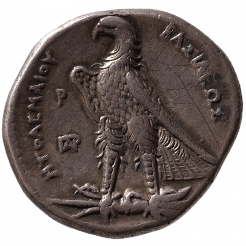 Eagle on thunderbolt; Greek: ΠTOΛEMAIOY – BAΣIΛEΩΣ ([coin of] king Ptolemy)