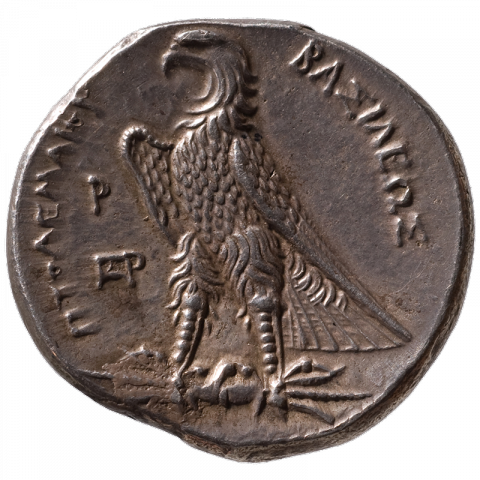Adler auf Blitzbündel; Griechisch: ΠTOΛEMAIOY – BAΣIΛEΩΣ ([Münze des] Königs Ptolemaios)