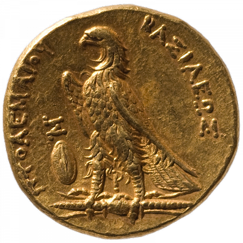Eagle on thunderbolt; Greek: ΠTOΛEMAIOY – BAΣIΛEΩΣ ([coin of] king Ptolemy)
