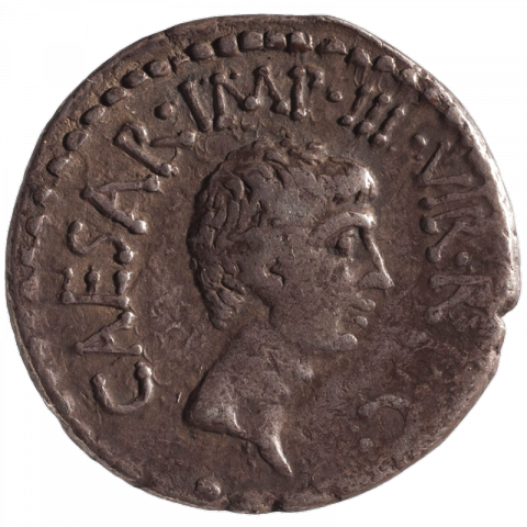 Büste  des Octavianus nach rechts (bärtig); Lateinisch: CAESAR•IMP•III•VIR•R•P•C (Abgek. Caesar Imperator Tresvir Rei Publicae Constituendae)