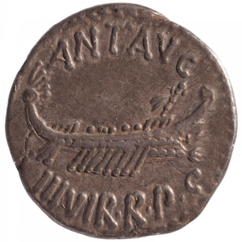 Ship; Latin : ANT•AVG - III•VIR•R•P•C (Antoninus Augustus Tresvir Rei Publicae Constituendae)