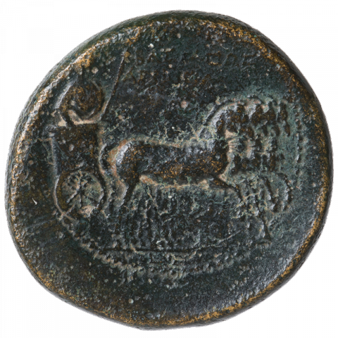 Germanicus in quadriga; Greek: ΝΟΜΙΣΜΑ ΒΑΣΙΛΕΩΣ ΑΓΡΙΠΠΑ, L E (coin of king Agrippa, year 5)