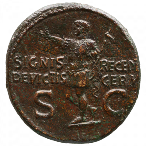 Germanicus in military dress; Latin: SIGNIS - RECEP / DEVICTIS - GERM / S - C (signa reclaimed, [from the] defeated Germans)
