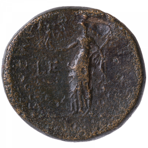 Drusilla holding Victoriola; Greek: ΔPOYΣIΛΛH ΘYΓATPI ΣEBAΣTOY, L E (Drusilla, daughter of the venerable [note: Caligula], year 5)