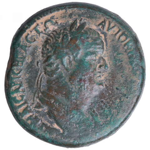 Bust of Vespasian; Greek: ΑΥΤΟΚΡΑ ΟΥΕCΠΑCΙANΩ ΚΑΙCΑΡI CEBACTΩ (to the self-ruler Vespasian Caesar, the venerable)
