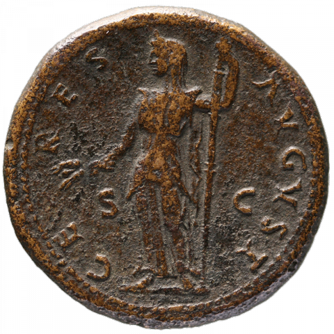 Ceres standing left, holding corn ears and a long torch; Latin: CE - RES - AVGVST, S - C (Ceres [of] Augustus)