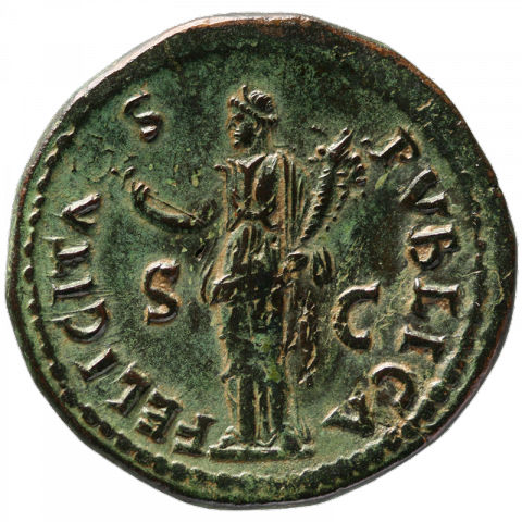 Felicitas nach links stehend, hält Caduceus und Cornucopiae (Füllhorn); Lateinisch: FELICITA - S - PVBLICA, S - C (etwa: öffentliche Glückseligkeit)