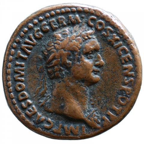 Bust of Domitian; Latin: IMP CAES DOMIT AVG GERM - COS XI CENS POT P P (Imperator Caesar Domitian Augustus Germanicus, for the 11th time Consul, power of Censor, Pater Patriae)