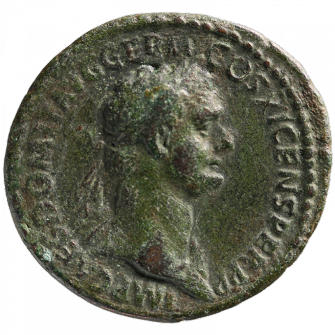 Bust of Domitian; Latin: IMP CAES DOMIT AVG GERM COS XI CENS PER PP (Imperator Caesar Domitian Augustus Germanicus, for the 11th time Consul, for ever Censor, Pater Patriae)