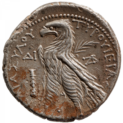 Adler steht nach links auf Prora; Griechisch: TYPOY IEPAΣ - ΚΑΙ ΑΣYΛOY, links: ΔI ([Münze von] Tyros, des heiligen, unantastbaren, Jahr 14)