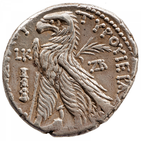 Eagle standing on prow to the left; Greek: TYPOY IEPA[Σ - KAI AΣYΛOY], left: L K ([coin of Tyre, holy and inviolable], year 20)