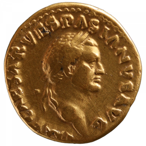 Bust of Vespasian with laurel wreath; Latin: IMP CAESAR VESPASIANVS AVG