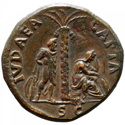 Vespasian in military dress, mourning Judaia seated; Latin: IVDAEA - CAPTA // SC (Judaia captured)