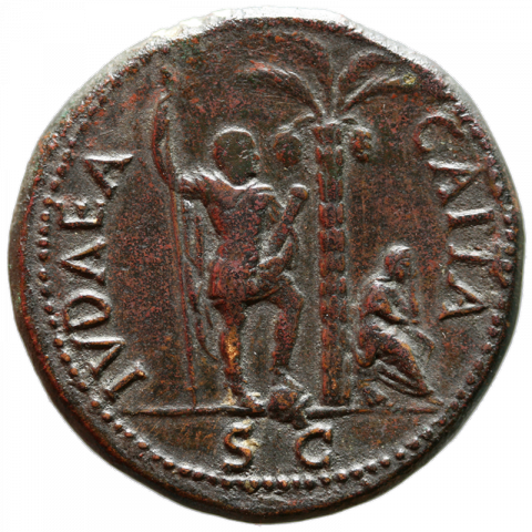 Gefesselter Jude nach rechts stehend; trauernde Judäa sitzt unter Dattelpalme; Lateinisch: IVDAEA - CAPTA // SC (Judäa erobert)