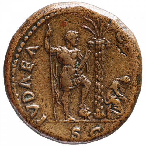 Titus in Rüstung nach rechts stehend; unter einer Dattelpalme trauernde Iudaia sitzend; Lateinisch: IVDAIA - C[APTA] // SC (Judäa erobert)
