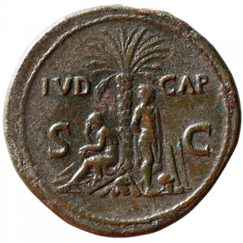 Trauernde Judäa unter einer Dattelpalme sitzend; rechts: eine gefesselte männliche Gestalt stehend; Lateinisch: IVD - CAP, S - C (Judäa erobert)
