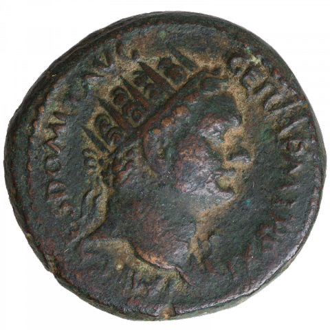 Bust of Domitian, radiate; Latin: IMP CAES DOMIT AVG GERM PM TR P XI (Imperator Caesar Domitian Augustus Germanicus Pontifex Maximus Tribunicia Potestas for the 11th time)