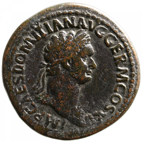 Büste des Domitian mit Lorbeerkranz und Ägis; Lateinisch: IMP CAES DOMITIAN AVG GERM COS XI