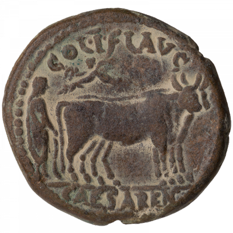Foundation of a city: Hadrian ploughing the pomerium with ox and cow; Latin: COL • I • FL AVG // CAESARENS (Abbr. First Colonia Flavia Augusta Caesarea)
