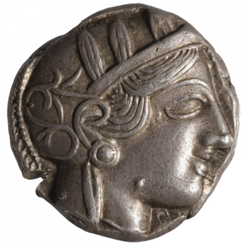 Helmeted Head of Athena, on helmet: olive branch