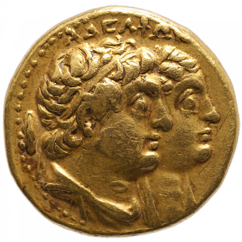 Gestaffelte Büsten von Ptolemaios II. und Arsinoe II.; Griechisch: AΔEΛΦΩN (der Geschwister)