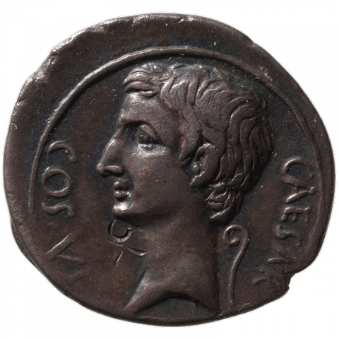 Büste des Oktavian nach links; dahinter: lituus; Lateinisch: CAESAR - COS VI (Caesar, zum 6. mal Konsul)