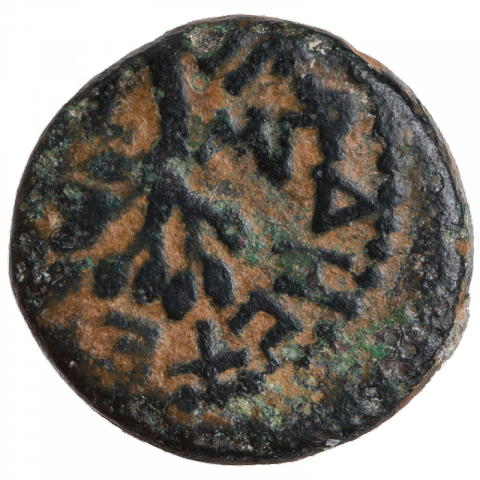 Date palm leaf; Greek: HPWΔHC ΤΕΤΡΑΡΧHC, L MΓ ([coin of] Tetrarch Herod, year 43)