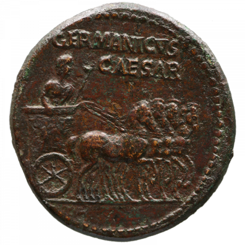 Germanicus in triumphal chariot; Latin: GERMANICVS / CAESAR (Germanicus Caesar)