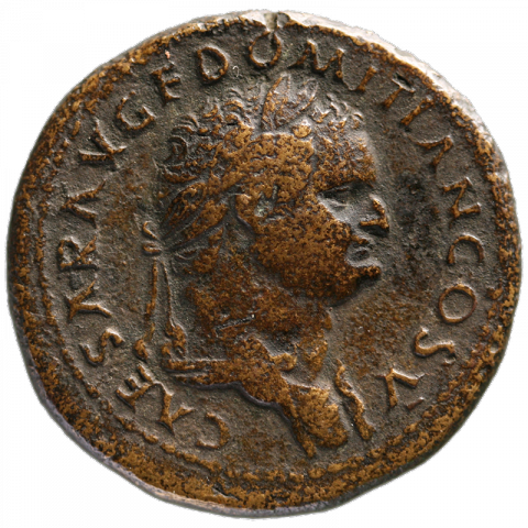 Büste des Domitian mit Lorbeerkranz und Paludament; Lateinisch: CAESAR AVG F DOMITIAN COS V (Caesar, Sohn des Augustus, Domitian, zum 5. mal Konsul)