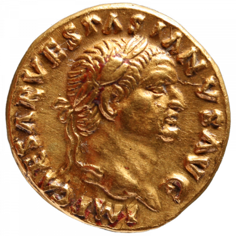 Bust of Vespasian with laurel wreath; Latin: IMP CAESAR VESPASIANVS AVG