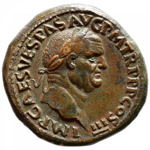Bust of Vespasian with laurel wreath; Latin: IMP CAES VESPASIAN AVG PM TRP PP COS III