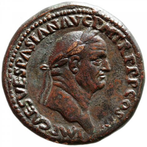 Büste des Vespasian mit Lorbeerkranz; Lateinisch: IMP CAES VESPAS AVG PM TRP PP COS III