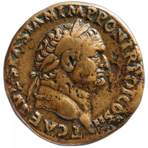 Bust of Titus with laurel wreath; Latin: T CAES VESPASIAN IMP PON TR POT COS II