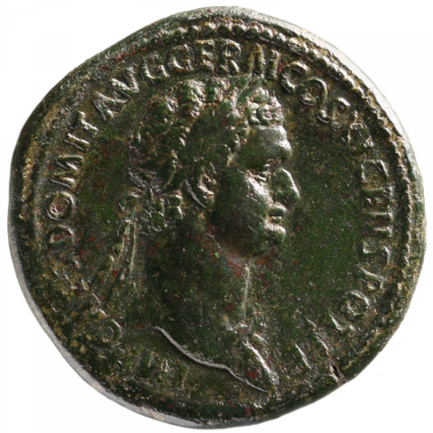Bust of Domitian with laurel wreath and aegis; Latin: IMP CAES DOMIT AVG GERM COS XI CENS POT P P