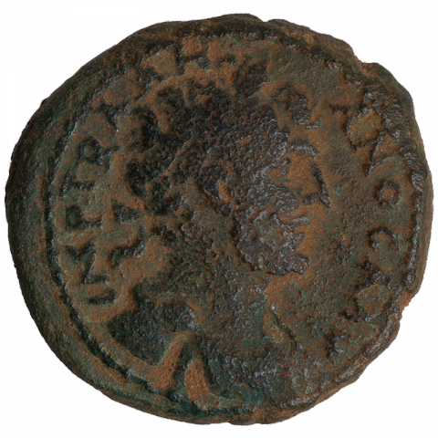 Büste des Hadrian mit Lorbeerkranz und Drapierung; Lateinisch: IMP TRA HADRIANO CA AVG (Imperator Traian Hadrian Caesar Augustus)
